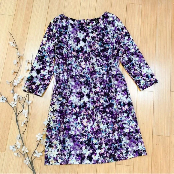 open lace back dress H&M Purple/Green Floral A-Line V-Neck Long Sleeve Dress- Size L main image 1